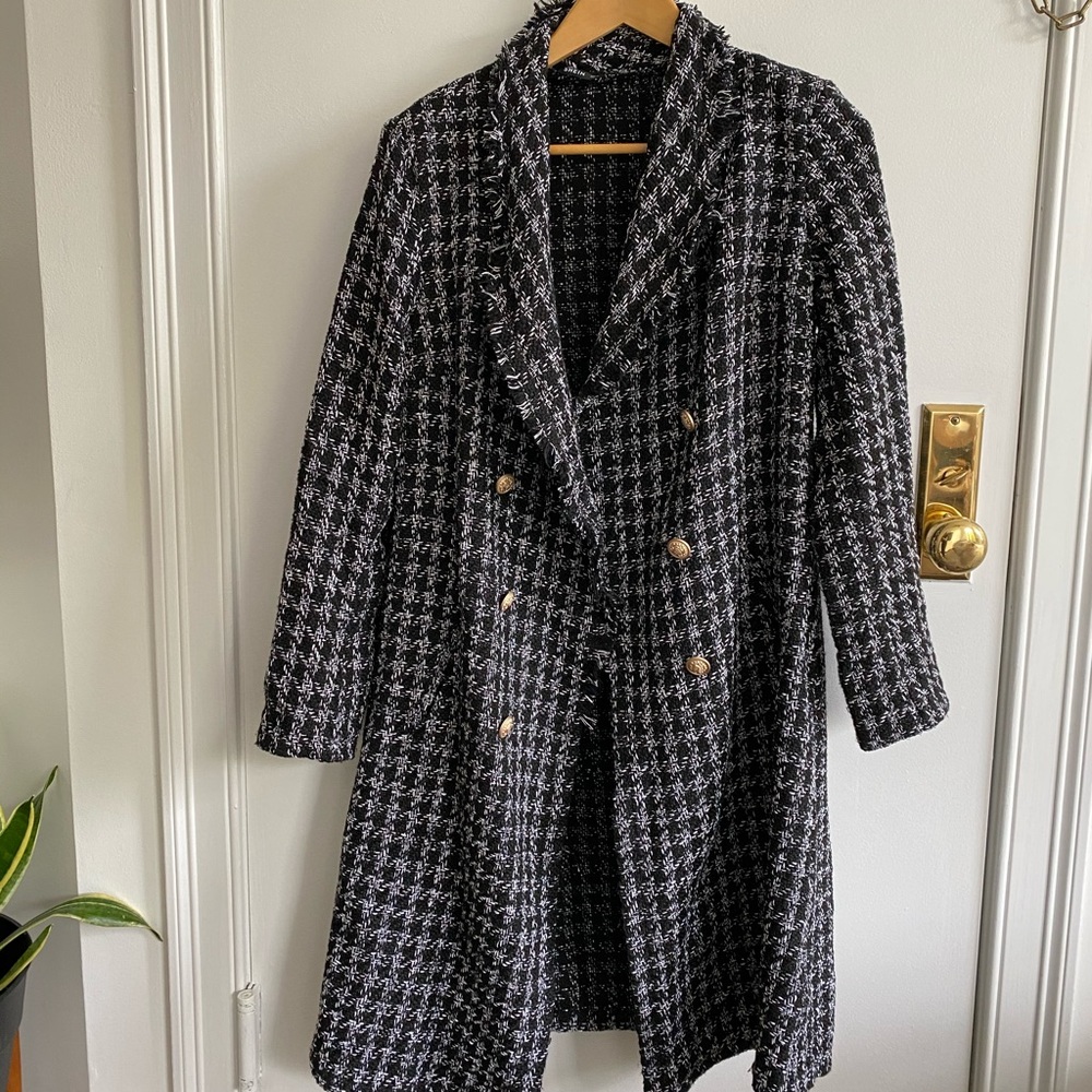 Houndstooth Print Black & White Coat - Medium